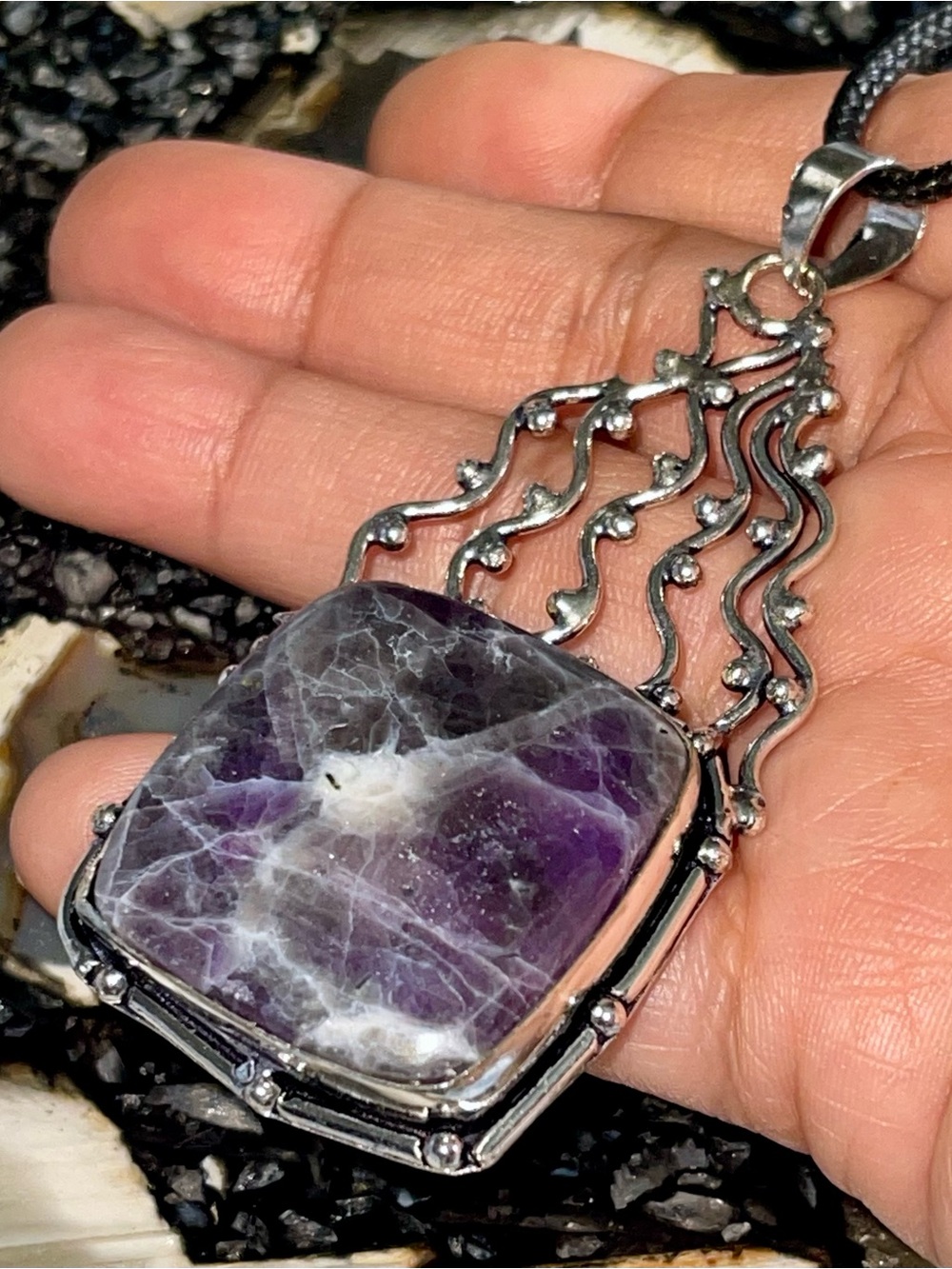 Spiderweb of Purple Chevron Amethyst Pendant 3”